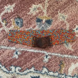 Stretchy waist belt red orange blue wood clasp